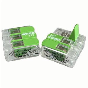 WAGOS 221-422/423/425 seri hijau blok <span class=keywords><strong>Terminal</strong></span> 3 lubang ramah lingkungan 24-12AWG konektor keran koneksi kawat