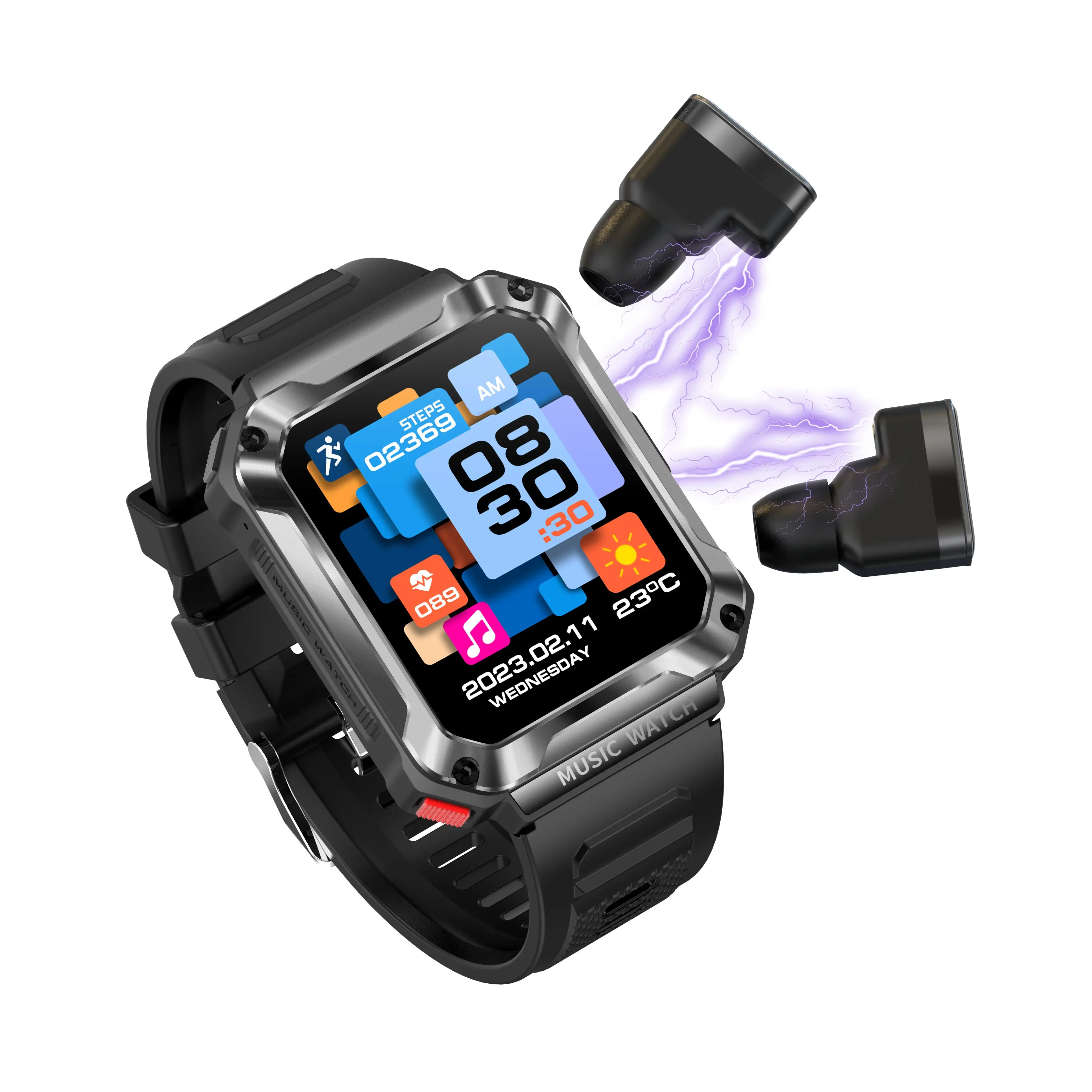 T93 spor akıllı saat ile TWS 3 In 1 kulakiçi ile yerel müzik Smartwatch 1.96 inç HD IPS ekran kare izle