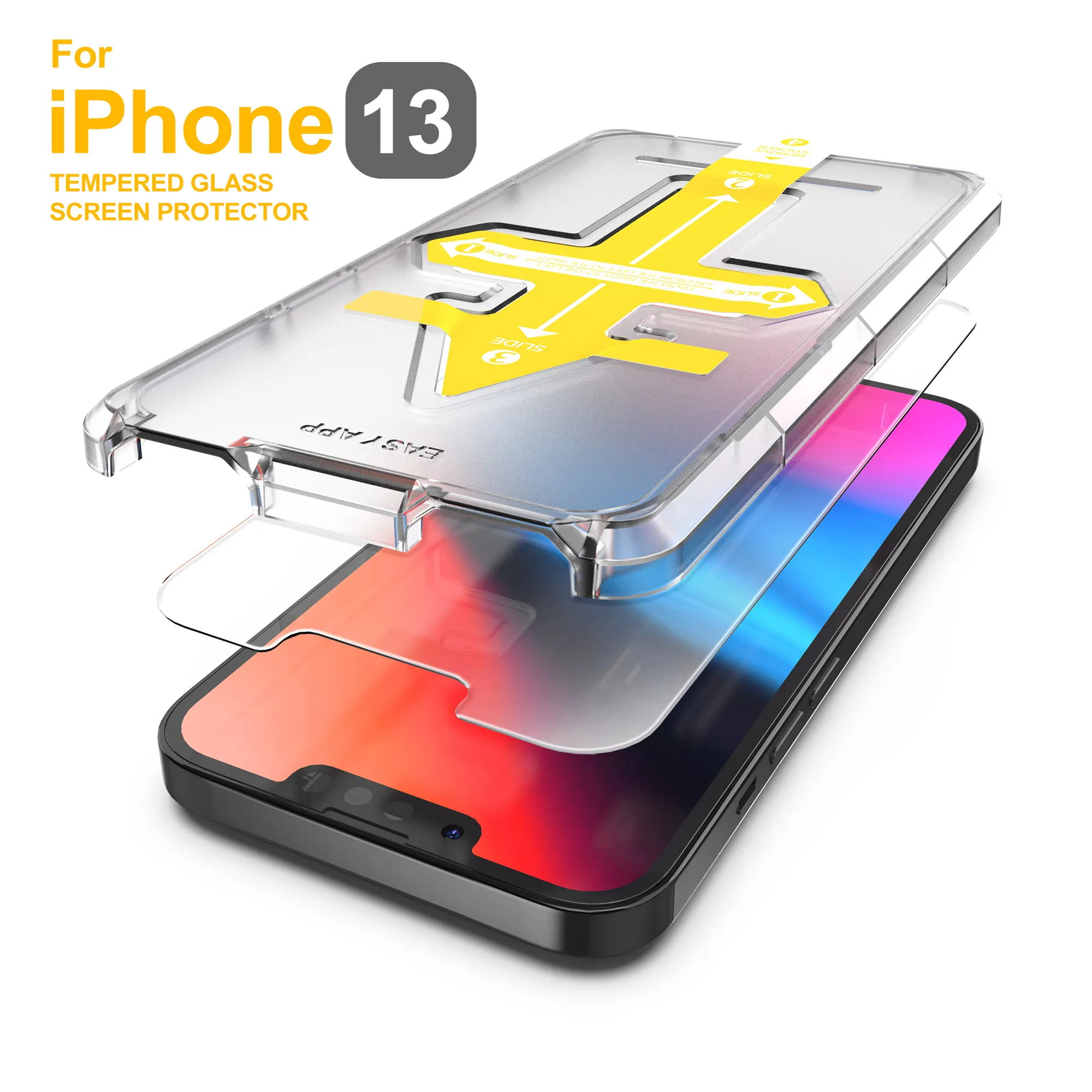 Fácil aplicación de vidrio templado para iPhone 12 Alineación automática Kit para iPhone 14 13 Protector de pantalla con fácil Marco de instalación