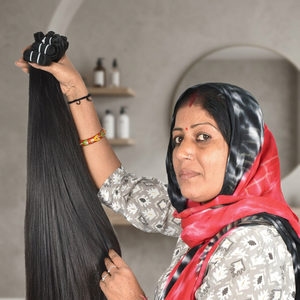 Extensiones de cabello humano natural sedoso liso largo color negro templo indio virgen alineado con cutícula - Product Image 1
