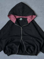 Sweat à capuche personnalisé pour homme avec fermeture éclair bidirectionnelle, doublure léopard, coupe courte, style streetwear, poche kangourou