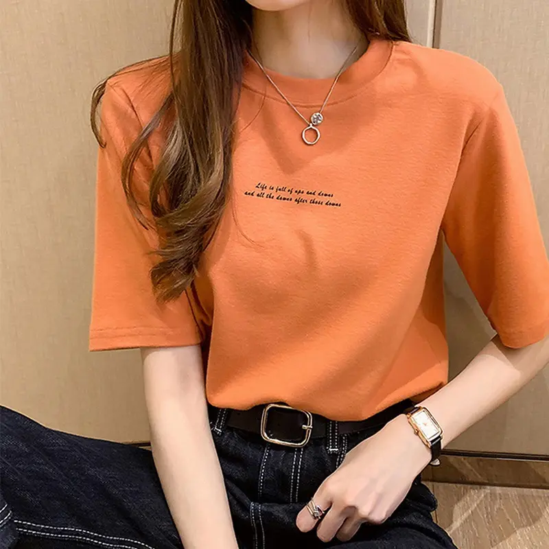 T742 Women's Scoop Neck Short/Long Sleeve Tees Cotton Cheap T Shirts Blouses Tops For Women