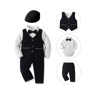 Ensemble de vêtements pour garçons, bleu clair, barboteuse à manches longues, <span class=keywords><strong>gilet</strong></span> bleu marine, pantalon + chapeau pour bébé et tout-petit, tenue printemps automne, 4 pièces - Product Image 4