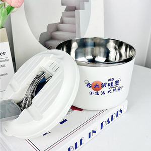 Stainless Steel Instant Noodle Bowl With Lid <b>Large</b> Capacity Foldable Portable Lunch <b>Box</b> Soup Bowl Travel Use Round Cartoon - Product Image 2