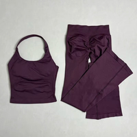 T0902 Ensemble de sport 2 pièces : Débardeur dos nu sans couture pour la gym et Leggings évasés de yoga effet push-up pour la course et l'entraînement