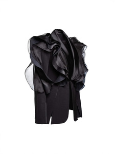 Abito da donna nero traspirante con patchwork in <span class=keywords><strong>pizzo</strong></span> 3D, colletto a scialle asimmetrico e maniche lunghe. - Product Image 4