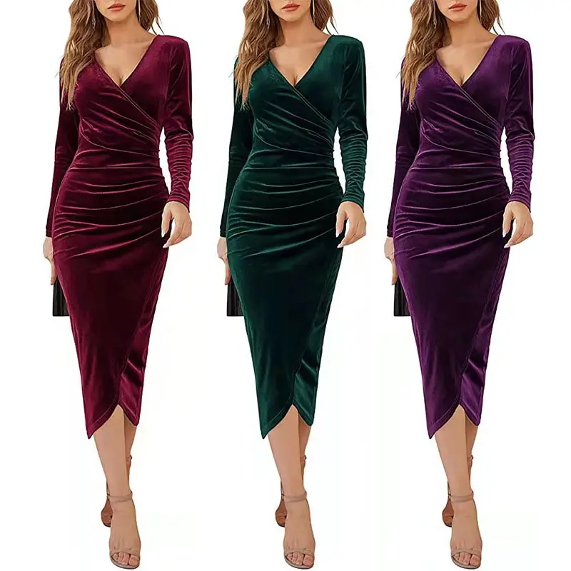 Factory Price Autumn Winter Midi Elegant Pencil Career Velvet Dresses Women Casual