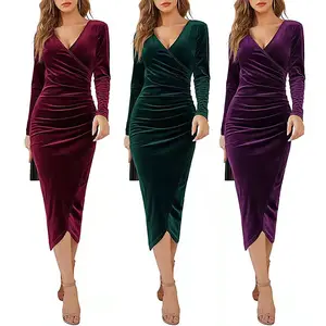 Factory Price Autumn Winter Midi Elegant Pencil Career Velvet Dresses Women Casual