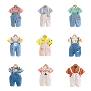 2020 летние подтяжки модель костюм одежда 100% хлопок t-shirt2 шт онлайн; Одежда для маленьких мальчиков; Детская одежда; Набор одежды в течение одного года - Product Image 1