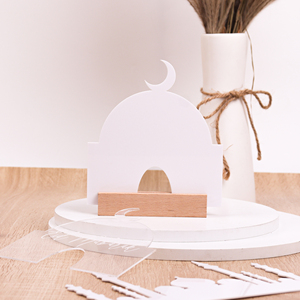 Ramadan Acrylic Mosque and Set With Wooden Stand for Home Decor White Eid Mubarak Desktop Decorations - Product Image 3