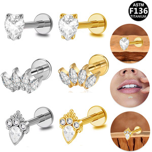 <b>Titanium</b> Beauty F136 <b>Titanium</b> Lip <b>Stud</b> Earrings Teardrop Marquise Zirconia Crown Heart Shape Internal Thread Piercing Jewelry - Product Image 1