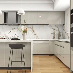 Ensemble de meubles de cuisine en îlot au design moderne pour appartements et villas, meubles en bois personnalisables avec structure en acier inoxydable - Product Image 3