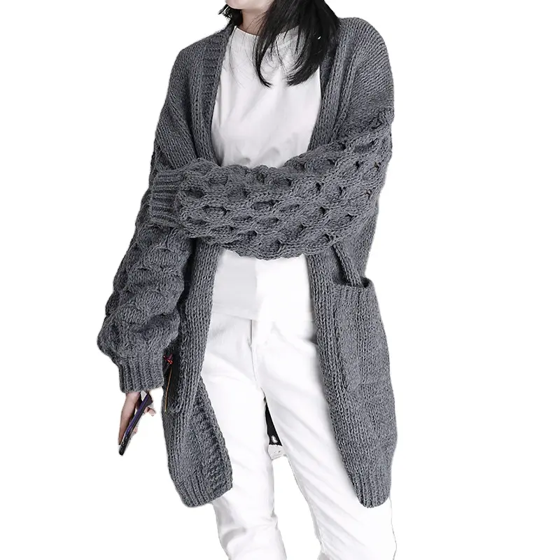 Autumn Winter Wholesale Custom Design Solid Color Cotton Women Ladies Long Knit Sweater Cardigan