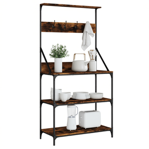 4 Tier Smoked Oak Engineered Wood Baker's Rack With Hooks For <b>Kitchen</b> <b>Storage</b> - Product Image 1