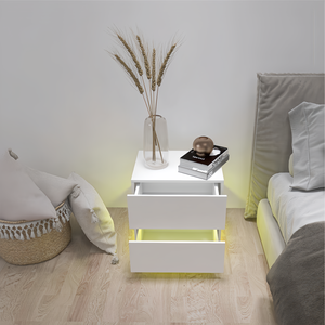<b>White</b> High <b>Gloss</b> 2 Drawer Bedside Table With RGB LED Light Nightstand For Bedroom Storage - Product Image 2