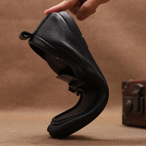 Mocassins en cuir véritable noir à bout rond, à enfiler, semelle extérieure en caoutchouc, confortables, pour hommes, toutes saisons, avec boucle - Product Image 3