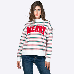 Custom <strong>Women's</strong> MERRY Letter Applique Embroidery Striped Mock Neck Long Sleeve Loose <strong>Christmas</strong> Pullover <strong>Sweatshirt</strong> Manufacturer - Product Image 2