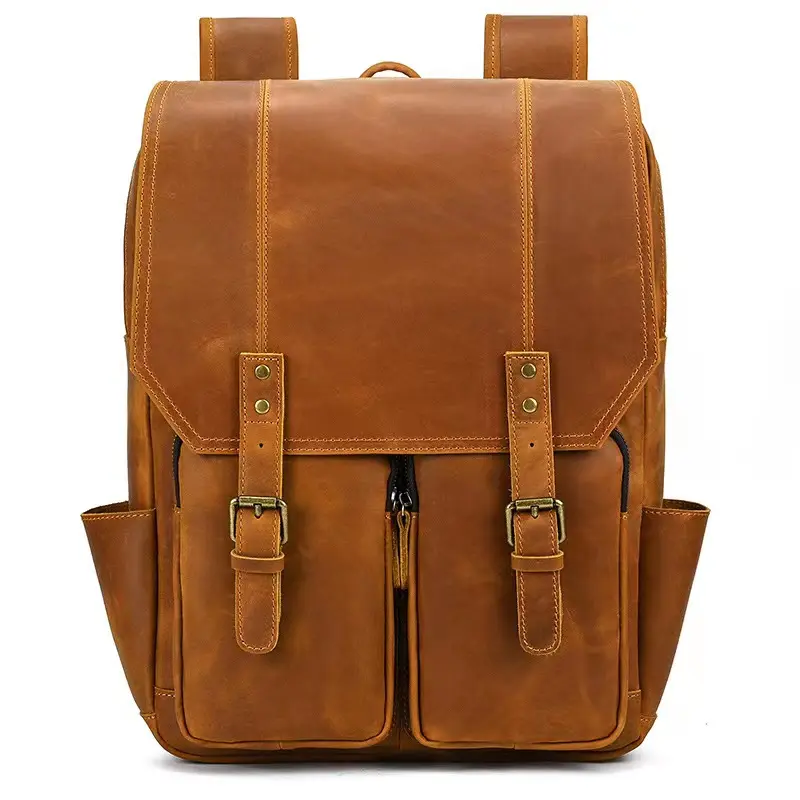 Custom Logo Fashion Design Waterproof Brown Vintage Leather Backpack Laptop Messenger Bag Rucksack Sling For Men Women