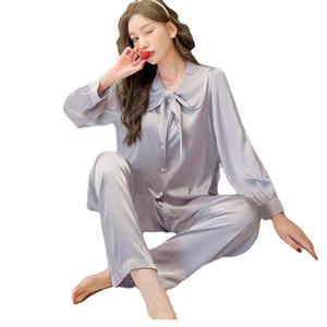 Ensemble <span class=keywords><strong>de</strong></span> pyjama Icesilk pour femmes couleur unie à manches longues et <span class=keywords><strong>pantalon</strong></span> 2 pièces printemps automne vêtements <span class=keywords><strong>de</strong></span> détente respirant élégant Homewear - Product Image 6
