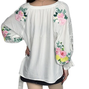 Chemisier ample brodé à manches longues en coton et lin blanc pour femme – Collection été OEM - Product Image 5