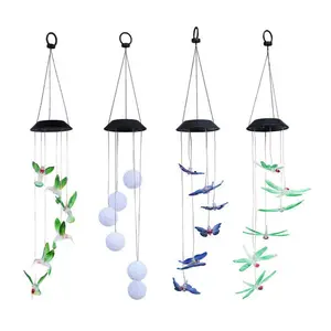 Outdoor waterproof hummingbird butterfly heart shape snowball snowman hanging solar wind bell light for garden,patio,courtyard