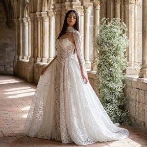 Vestido de Novia Elegante Blanco Nt144 con Capa de Encaje, Corsé sin Tirantes, Apliques Florales de Encaje, Corte en A, Cola Larga Jancember - Product Image 1