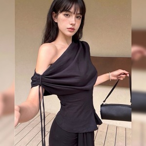 Top Nero Estivo con Lacci da <span class=keywords><strong>Donna</strong></span>, Scollo a Barca, Slim Fit, Vita Alta, Tinta Unita, Sexy, Stile Y2K, con Fasce, Canotta, T-shirt - Product Image 3