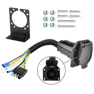 RV 4 Flat to 7 Way Blade Trailer Adapter Electrical Connector with Connector Socket Mounting Bracket for RV, Truck, Car