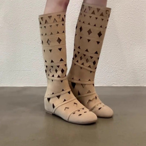 Suede Knee High <b>Boots</b> Geometric Cutout Breathable Flat Heel Summer Casual Western Style Footwear For Women - Product Image 3