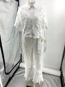 Set Due Pezzi Donna con Camicia Bianca a Maniche Corte e <span class=keywords><strong>Pantaloni</strong></span> Lunghi, Cintura Annodabile, Taglie S-XL, Copricostume <span class=keywords><strong>in</strong></span> <span class=keywords><strong>Maglia</strong></span> per Spiaggia - Product Image 2