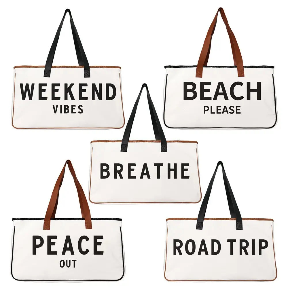 Venda quente em amazon blank logotipo personalizado praia, por favor, vibrações de fim de semana, impressão grande saco de sacola de praia