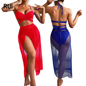 RUIQUWIN Women's Sexy 3 Piece <b>Bikini</b> <b>Set</b> Solid Color Mesh Skirt Cover Drawstring Front Eco Friendly Quick Dry Beachwear Swimsuit - Product Image 1