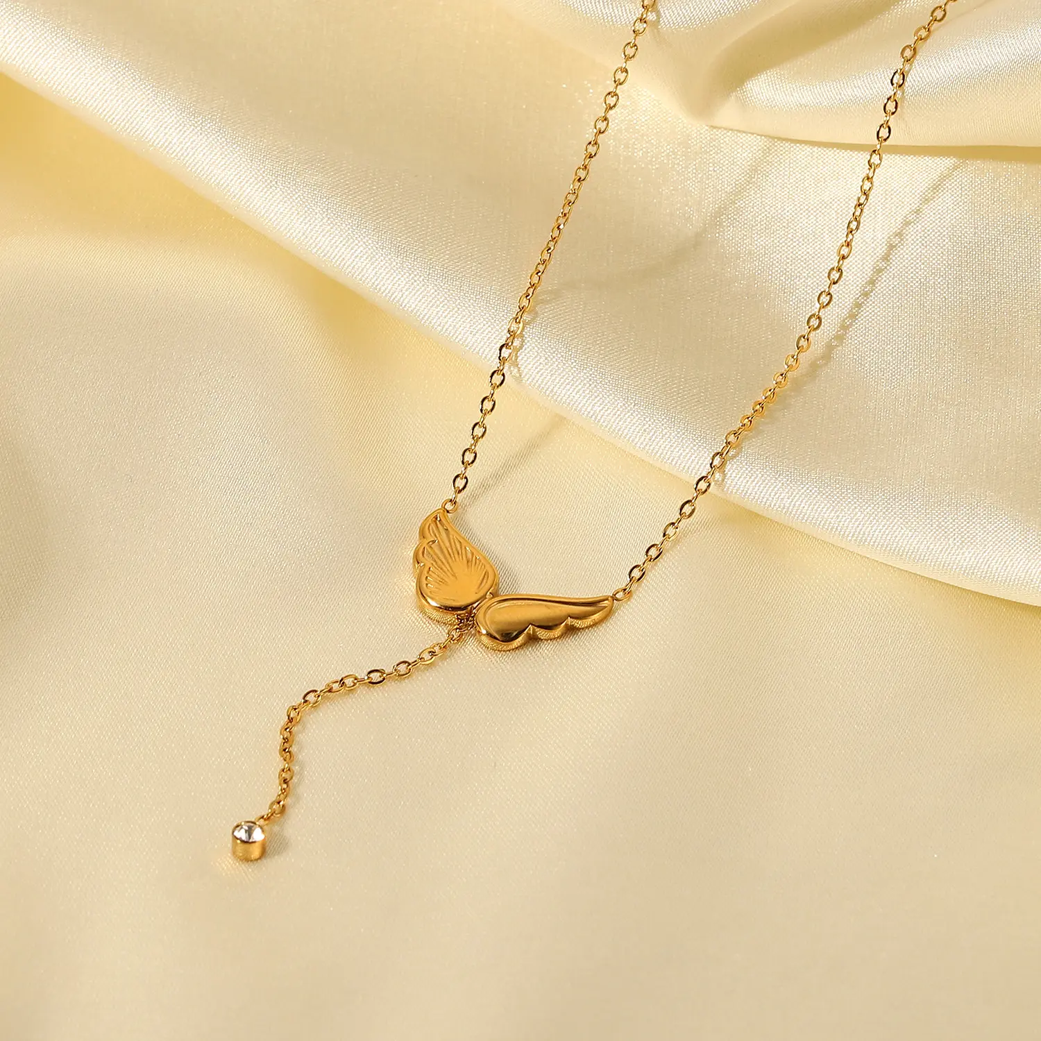 JINQI Necklace 18k Gold Plated Angel Wing Zircon Pendant Y Type Chain Stainless Steel Necklaces Fashion Jewelry