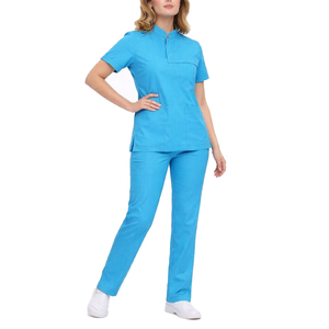 Conjunto de uniforme médico de algodón tejido de longitud extendida, con parte superior y pantalón de bajo ligeramente más largo, ajuste cómodo para personas altas, ideal para jóvenes mayores y profesionales de la salud. - Product Image 1