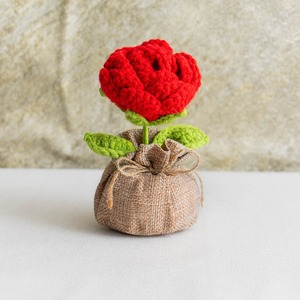 Bolsa de la suerte hecha a mano con ganchillo, pequeña planta en maceta, decoración para el hogar, tejido de hilo, producto terminado, flor de rosa simulada - Product Image 2