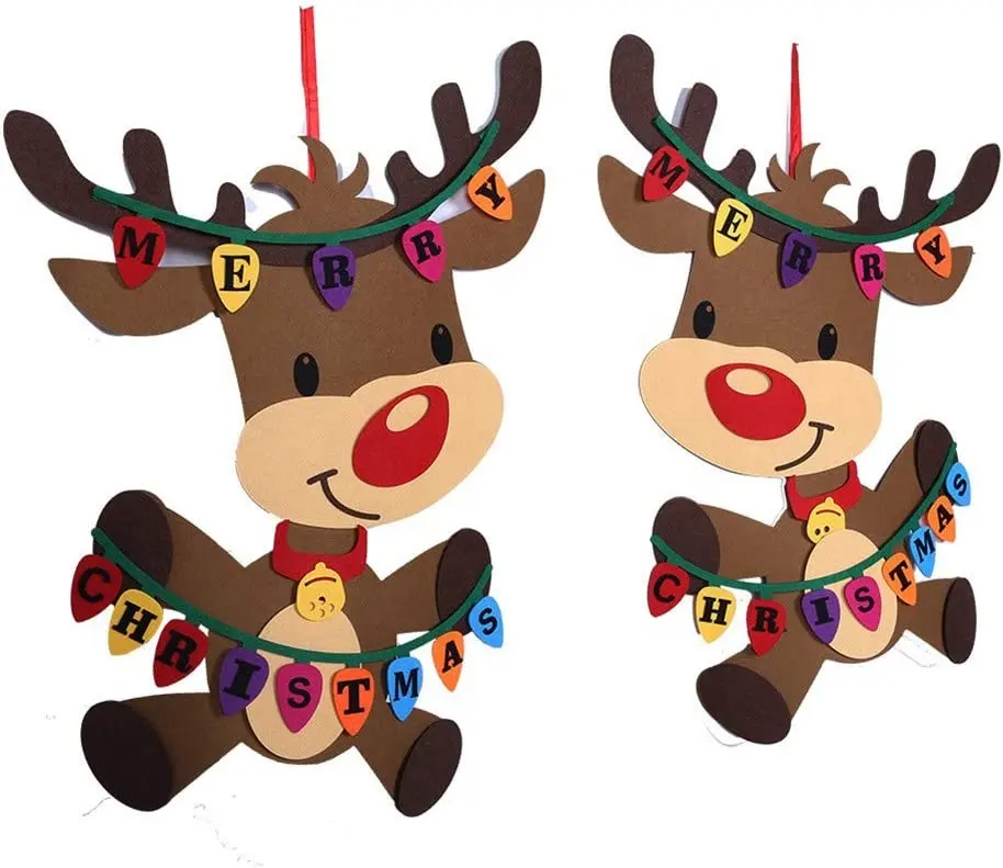 2 Pack Kids DIY Felt Reindeer Christmas Decoration for Hanging on the Christmas Tree, Wall, Door or Window