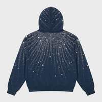 Hoodie Fleece 100% Katun Ukuran Besar Vintage Wash Bordir Rhinestone Resleting Depan Sweatshirt Longgar Bermotif Polos Berlapis