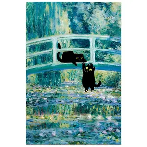 Hot Sell Monet Garden Funny Black Cat Wall Art Oil Paintings Vintage Poster Floral Print for Home Bedroom Bathroom