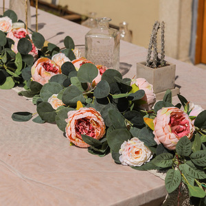 Artificial Peony Vines Eucalyptus Leaves Silk Flower Table Runner 180cm Home Decor Reusable - Product Image 3