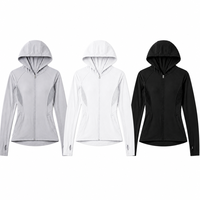 Veste de yoga pour femme UPF50+ coupe ajustée, protection solaire, à capuche, fermeture éclair intégrale, poignets avec trous pour les pouces, empiècements en mesh