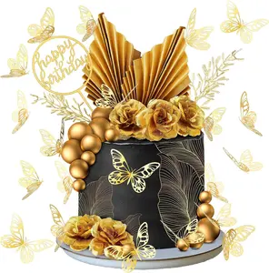 Bola de bolo redonda boêmia dourada floral floral borboleta e folha de palmeira enfeites elegantes suprimentos de decoração de bolo