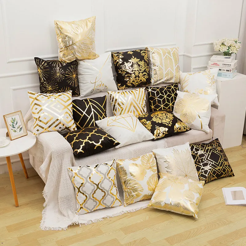 Cushion Covers 45x45 Bronzing Gold Black And White Pillowcase Plants Feature Home Decor Sofa Throw Pillow Covers