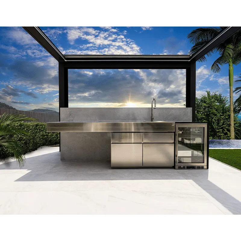 NICOCABINET Luxury Sleek Stainless Steel Outdoor Kitchen Cabinet with Integrated BBQ Grill Sink Offering Spacious Storage