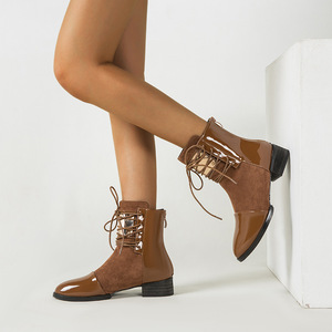 Botas Cortas de Moda Otoñal para Mujer, con Punta Redonda, de Cuero Patentado Sólido, con Cordones, Suela de Goma Impermeable - Product Image 3