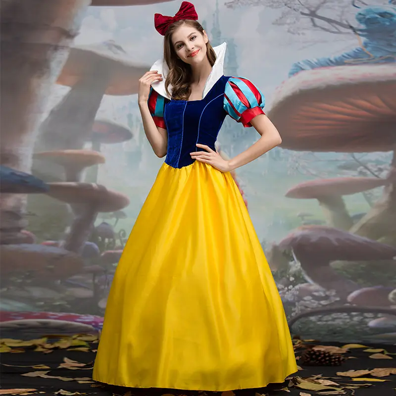 Traje de cosplay para adultos, fantasia de outono para halloween vestido branco de neve e palco