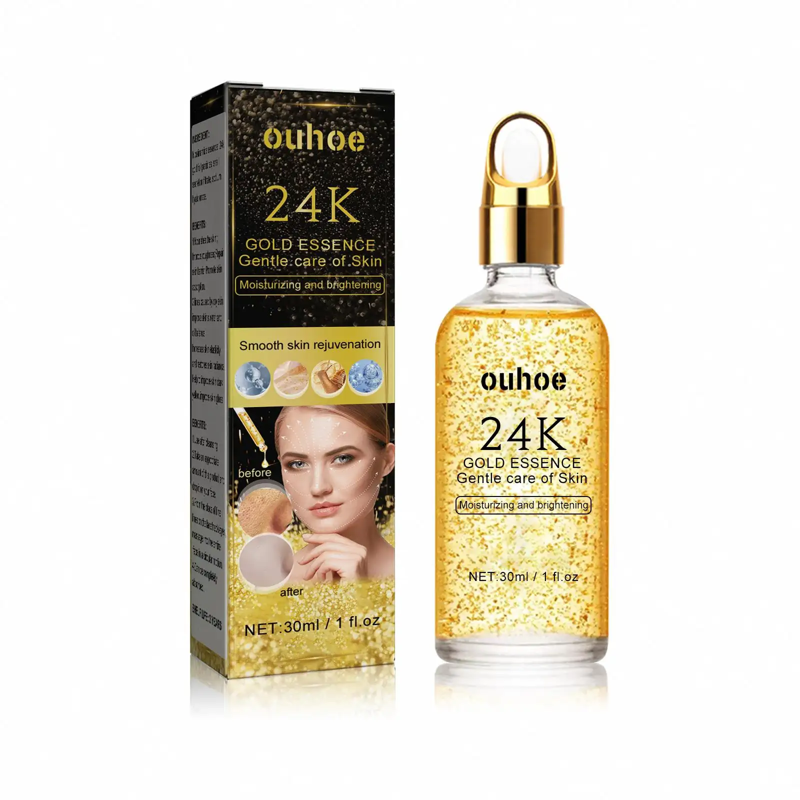 OUHOE Private Label Anti Aging 24K Serum Skin Repair and Moisture Firm Skin Facial Serum Hyaluronic Acid 24K Gold Face Serum