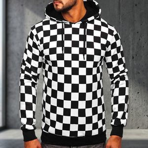 Sudadera con capucha a cuadros blancos y negros para hombre, de manga larga, estilo urbano. - Product Image 1