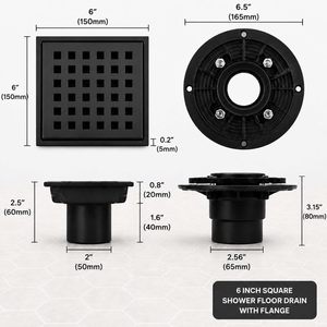 Desagüe de ducha cuadrado de 6 pulgadas de acero inoxidable 304 negro mate con base de brida de ABS y rejilla extraíble para ducha sin umbral - Product Image 2