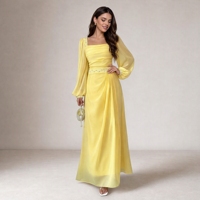 Robe longue élégante et romantique pour femme, en mousseline de soie unie, col carré, coupe trapèze, taille naturelle, froncée, avec empiècements en maille et manches lanternes