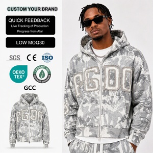 Graphic Distressed Boxy Zip Hoodie Patchwork Embroidery Hoodie Manufacturer 500 Gsm French Terry Acid Wash Zip up Hoodie - Product Image 1